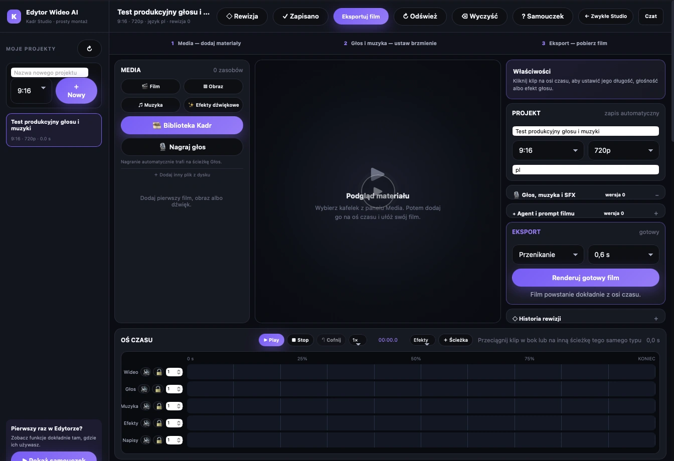 Edytor Kadr Studio — oś czasu z torami wideo, głosu, muzyki i efektów